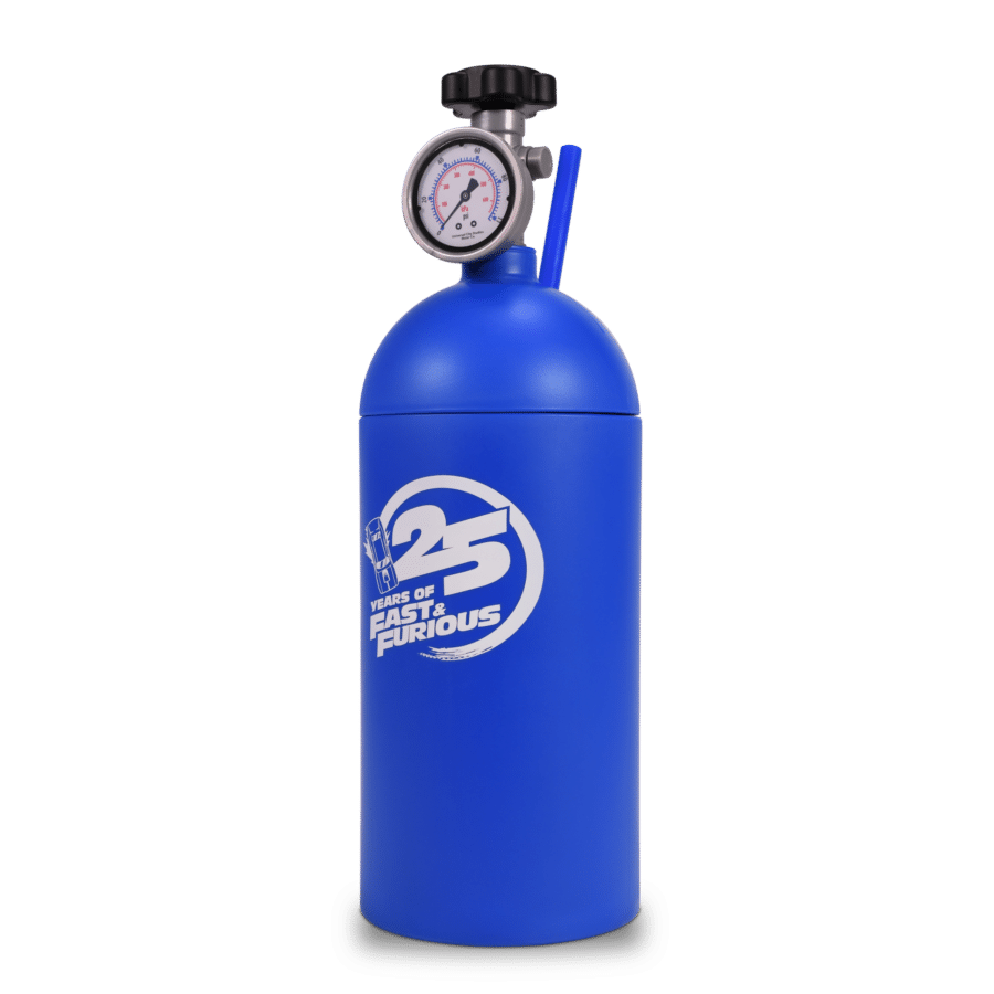 Blue gas cylinder with a pressure gauge and black valve at the top close up