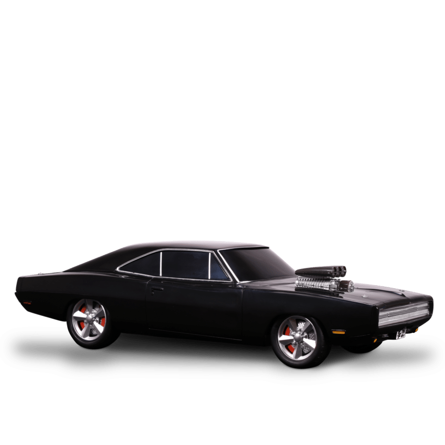 Front left view of a glossy black classic muscle car with chrome trim on a green background