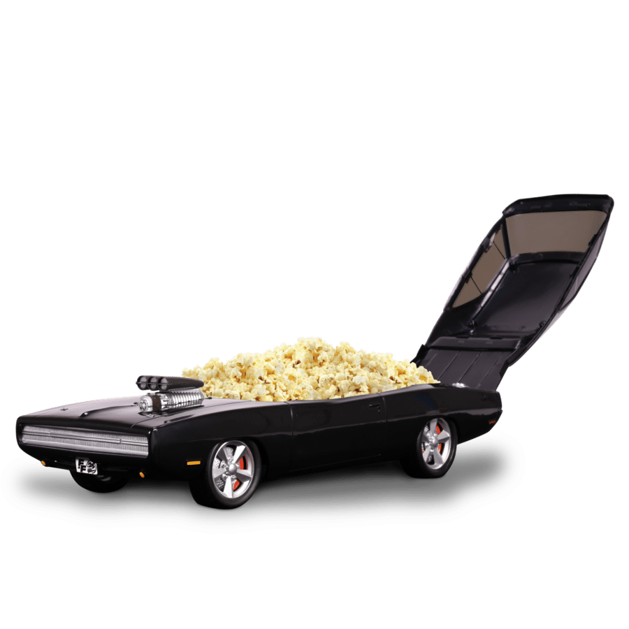 A black sports car with its trunk open and popcorn spilled across the hood set against a dark background