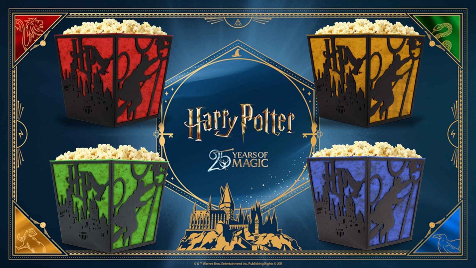 Harry Potter 25 Years of Magic poster framed by five colorful popcorn buckets around a central logo frame festive design behind