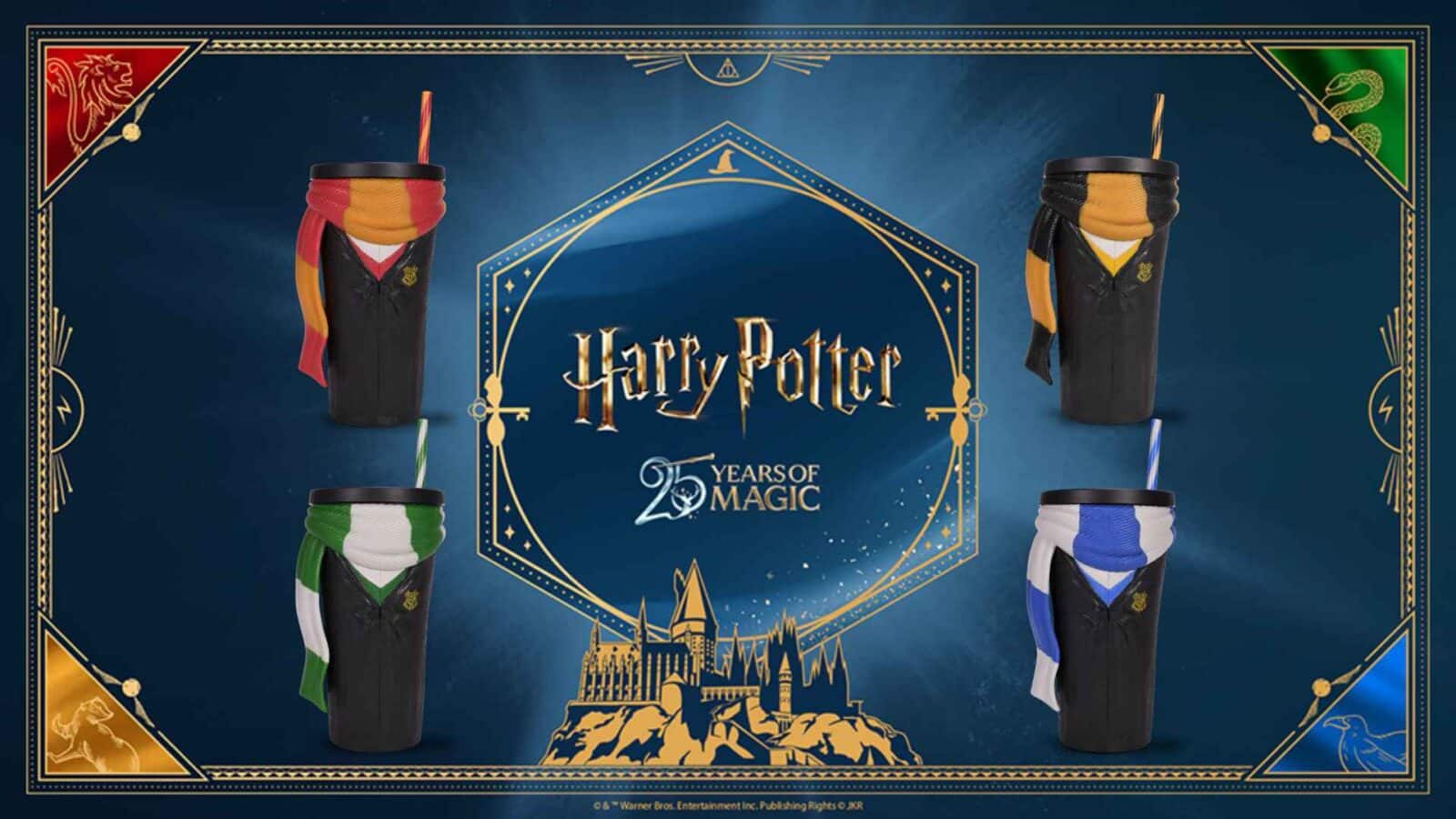 Harry Potter 25 Years of Magic promotional banner with four dressed bottles around a gold ornate frame and logo in the center
