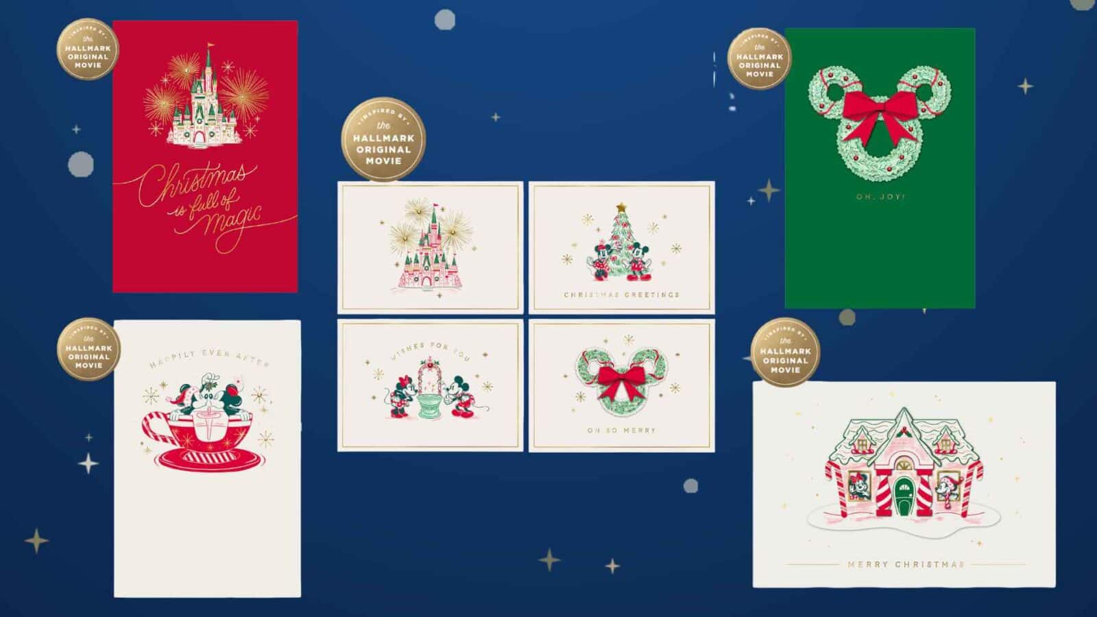 Collage of Hallmark Christmas cards on a dark blue background including a red castle card reading Christmas is full of magic a green wreath card and several smaller illustrated cards with gold seals saying The Hallmark Original Movie
