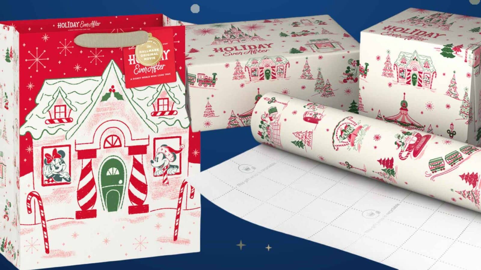 Seasonal gift boxes and rolls of wrapping paper with red and white Christmas illustrationssnowflakes candy canes trees and housesset against a blue background