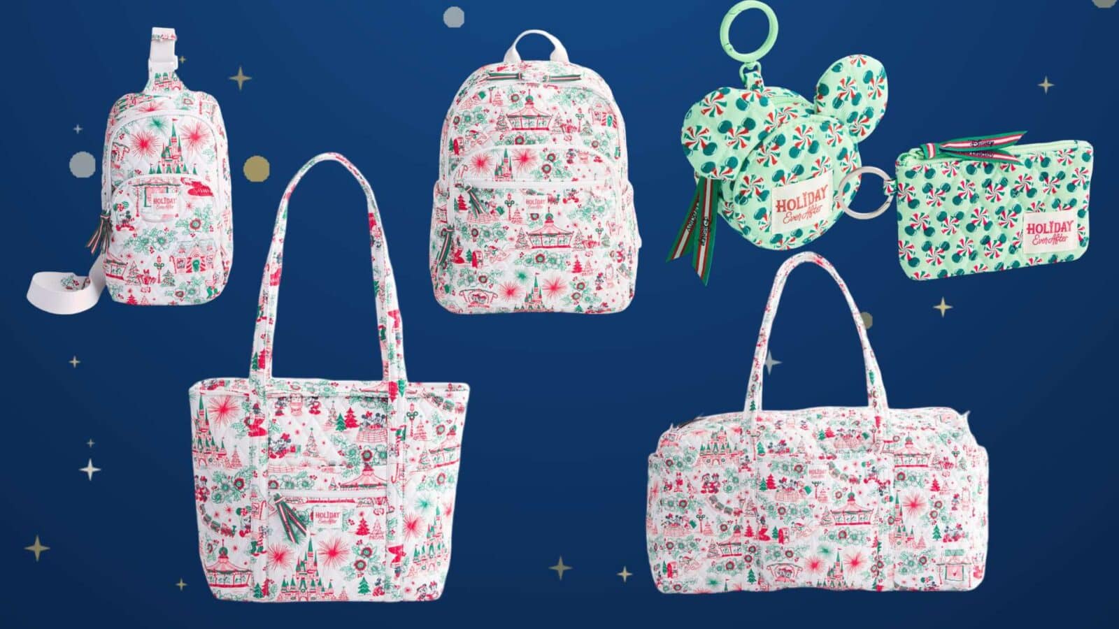 Collection of white holiday pattern bags backpack tote and pouches on a dark blue background festive red green print