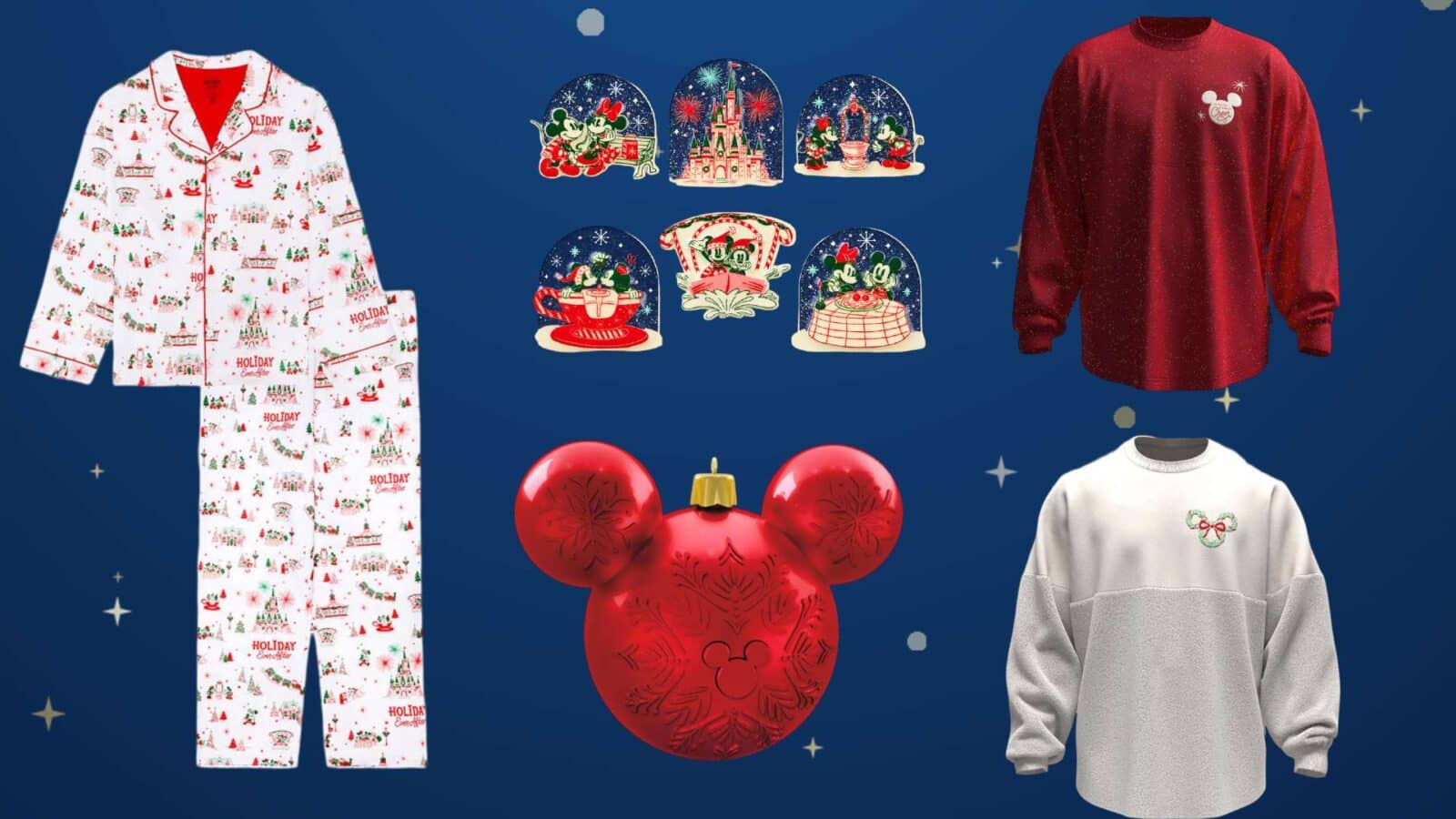 Collage of holiday clothing and decorations white festive pajama set on the left snow globe stickers in the center a red Mickey shaped ornament in the foreground a red sparkly sweater on the right and a white gray color blocked sweatshirt lower right