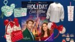 Poster for Hallmark Channels Holiday Ever After with Disney featuring a castle skyline and fireworks amid holiday themed accessories and gifts