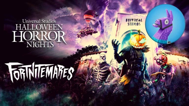 Poster for Universal Studios Halloween Horror Nights Fortnitemares with spooky characters and a pumpkin-headed figure, roller coaster, and purple balloons in a dark scene.
