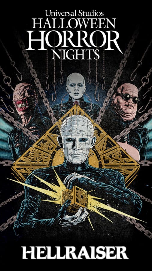 Universal Studios Halloween Horror Nights poster featuring a pale Cenobite holding the glowing Lament Configuration puzzle box amid chains and geometric backdrop Hellraiser