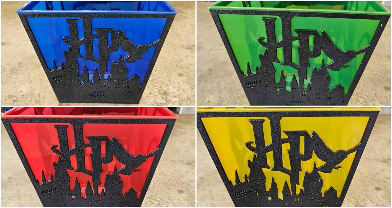 Blue recycling bin with a black decorative skyline cutout of a castle and a bird set on a light floor surface front view collage left top quadrant