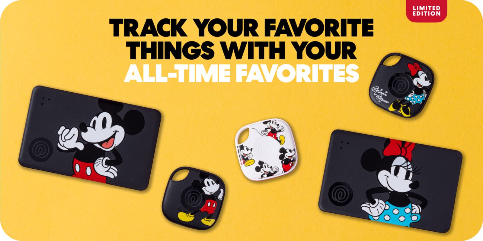 Yellow promotional banner with bold black and white text and scattered Mickey Mouse phone cases limited edition badge in the top right corner