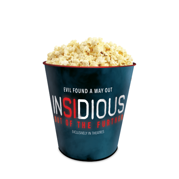 Popcorn bucket featuring the Insidious movie branding with the title INSIDIOUS and the slogan EVIL FOUND A WAY OUT