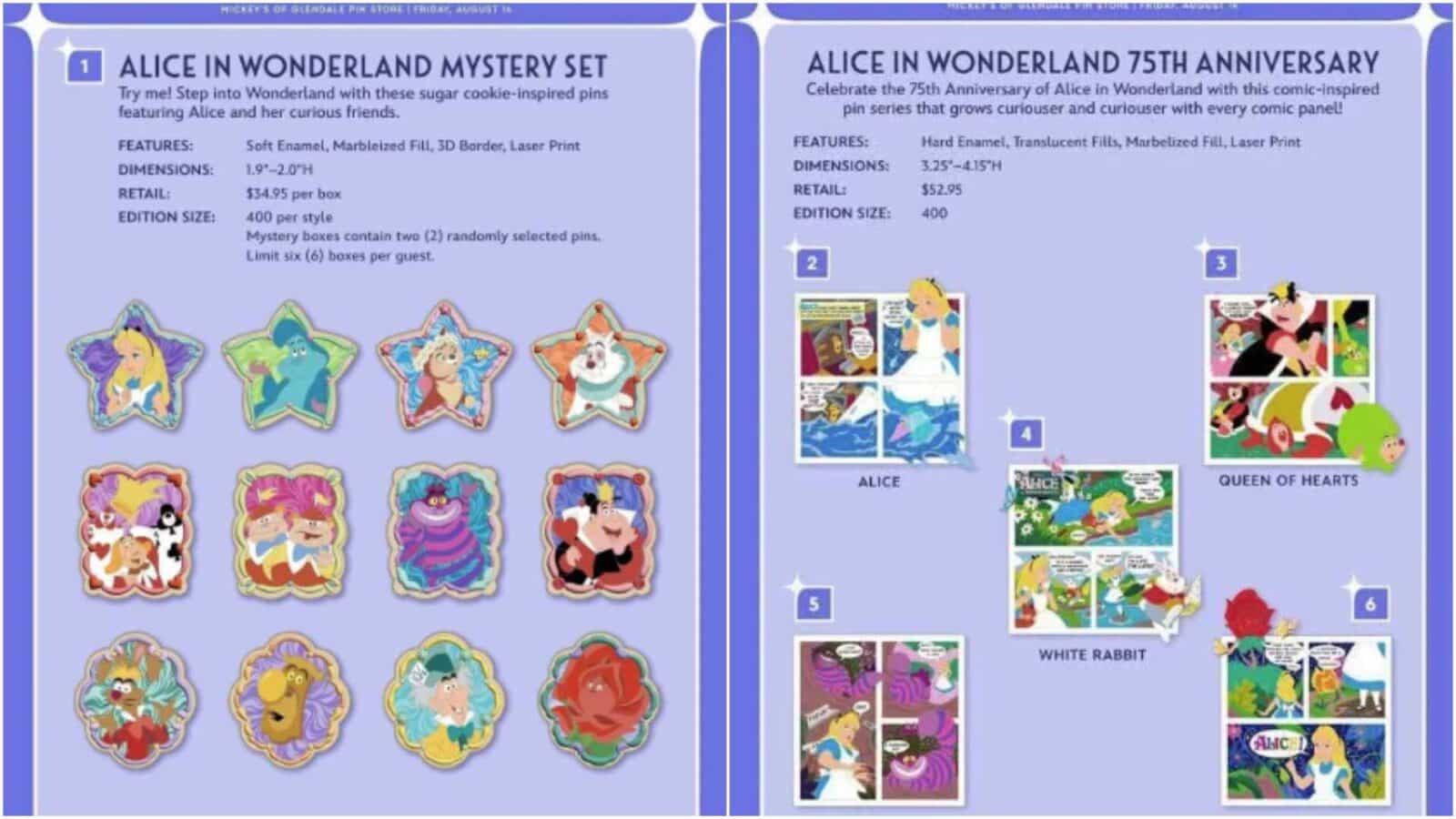Product catalog pages for Alice in Wonderland collectibles left page shows mystery pin set right page highlights 75th anniversary comics and panels on a purple background