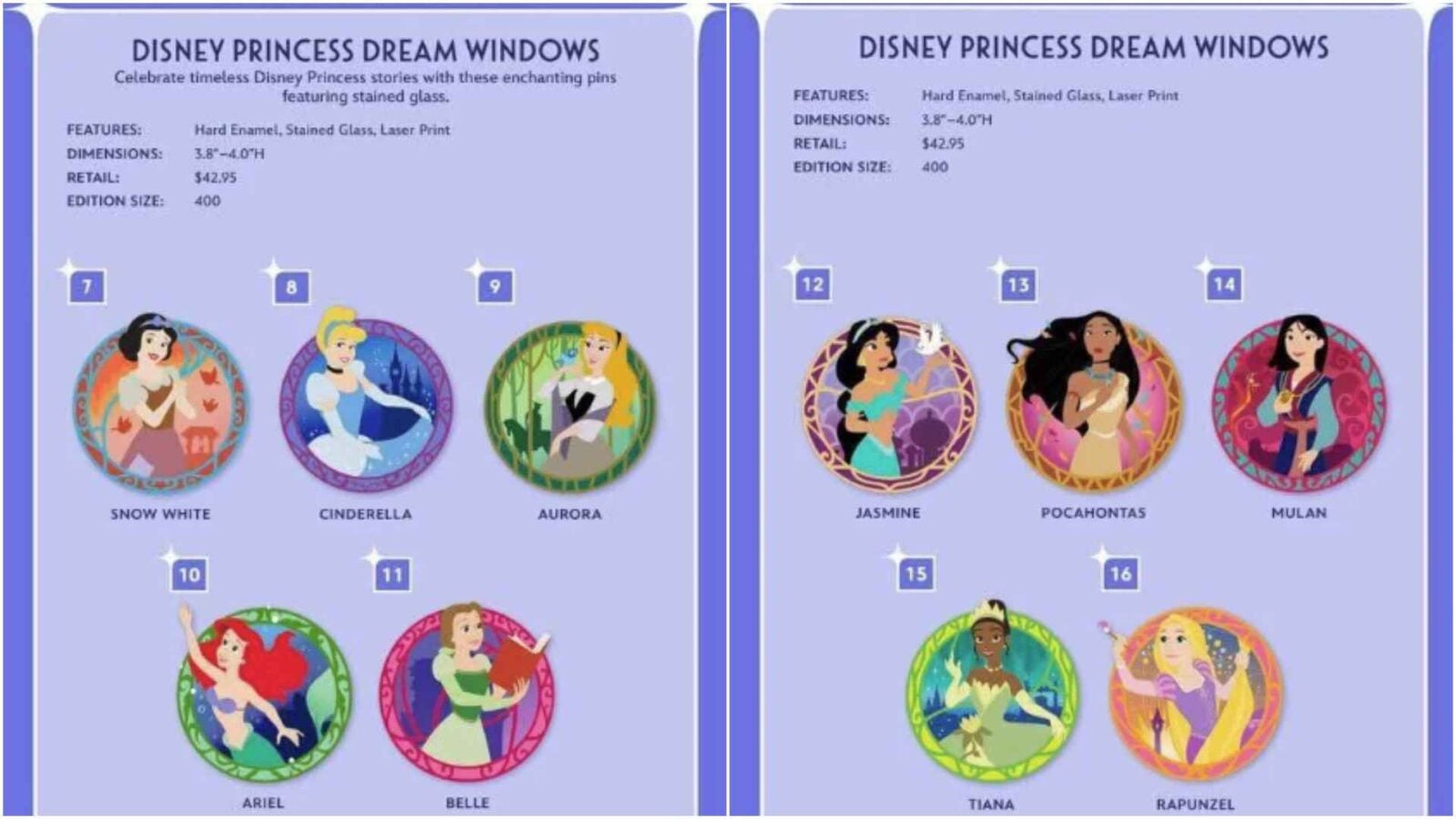 Two page spread of Disney Princess dream windows pins showing circular ornate princess portraits Snow White Cinderella Aurora on left Jasmine Pocahontas Mulan on right with names beneath each pin