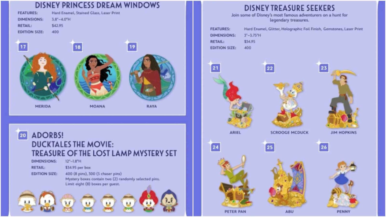 Split page catalog left shows Merida Moana Raya circular portraits with numbers 1719 right shows Ariel Scrooge McDuck Jim Hawkins with numbers 2123 on lavender background