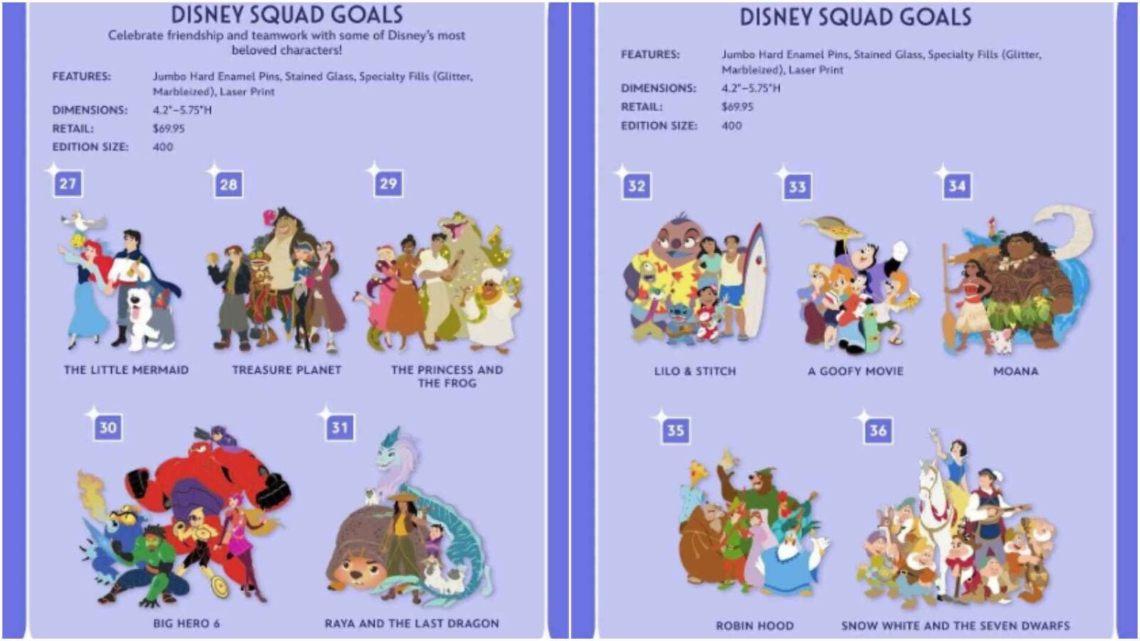 Spread titled Disney Squad Goals showing groups of Disney characters from multiple films with captions of movie titles left The Little Mermaid Treasure Planet The Princess and the Frog right Lilo  Stitch A Goofy Movie Moana