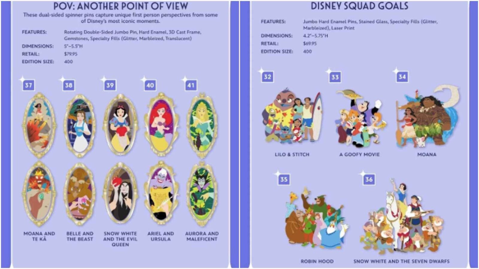 Two panel infographic left panel shows a grid of ornate princess pins numbered 3741 with pairs like Moana and Te Kā Belle and the Beast right panel shows a collage titled Disney Squad Goals with groups of characters and pins 3236 Lilo  Stitch A Goofy Movie Moana Robin Hood Snow White and the Seven Dwarfs