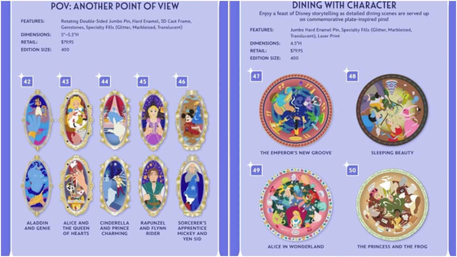 Spread displaying a Disney pin collection left page shows numbered oval pins of princesses with captions Aladdin and Genie Alice and the Queen of Hearts Cinderella and Prince Charming Rapunzel and Flynn Rider Sorcerers Apprentice Mickey and Yen Sid right page shows circular decorative plates with movie titles The Emperors New Groove Sleeping Beauty Alice in Wonderland The Princess and the Frog