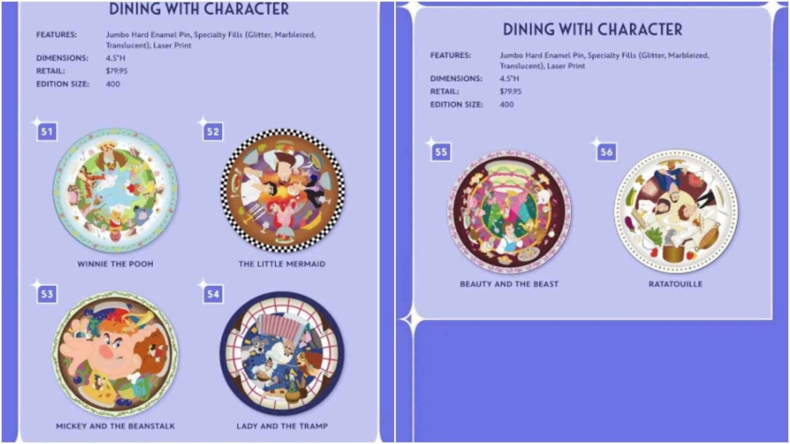 Two safety purple pages showing round Disney character dinner plates with labels numbers 5156 including Winnie the Pooh The Little Mermaid Beauty and the Beast Ratatouille Mickey and the Beanstalk and Lady and the Tramp