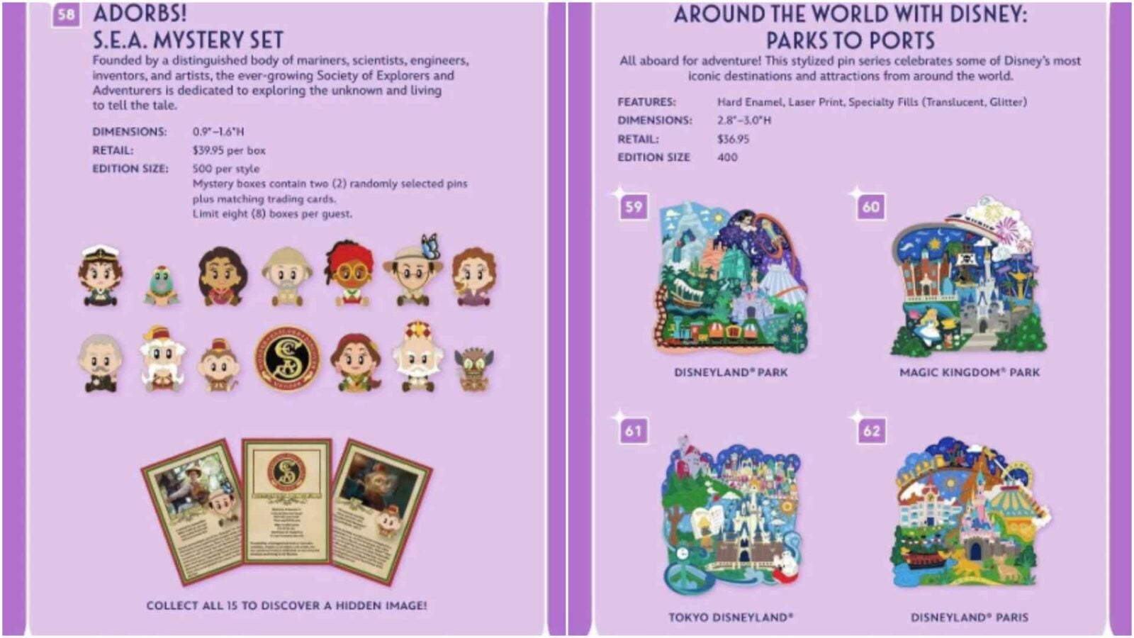 Two page spread about Disney pin collectibles left page shows 15 character pins with text and trading cards right page features stylized park images labeled 5962