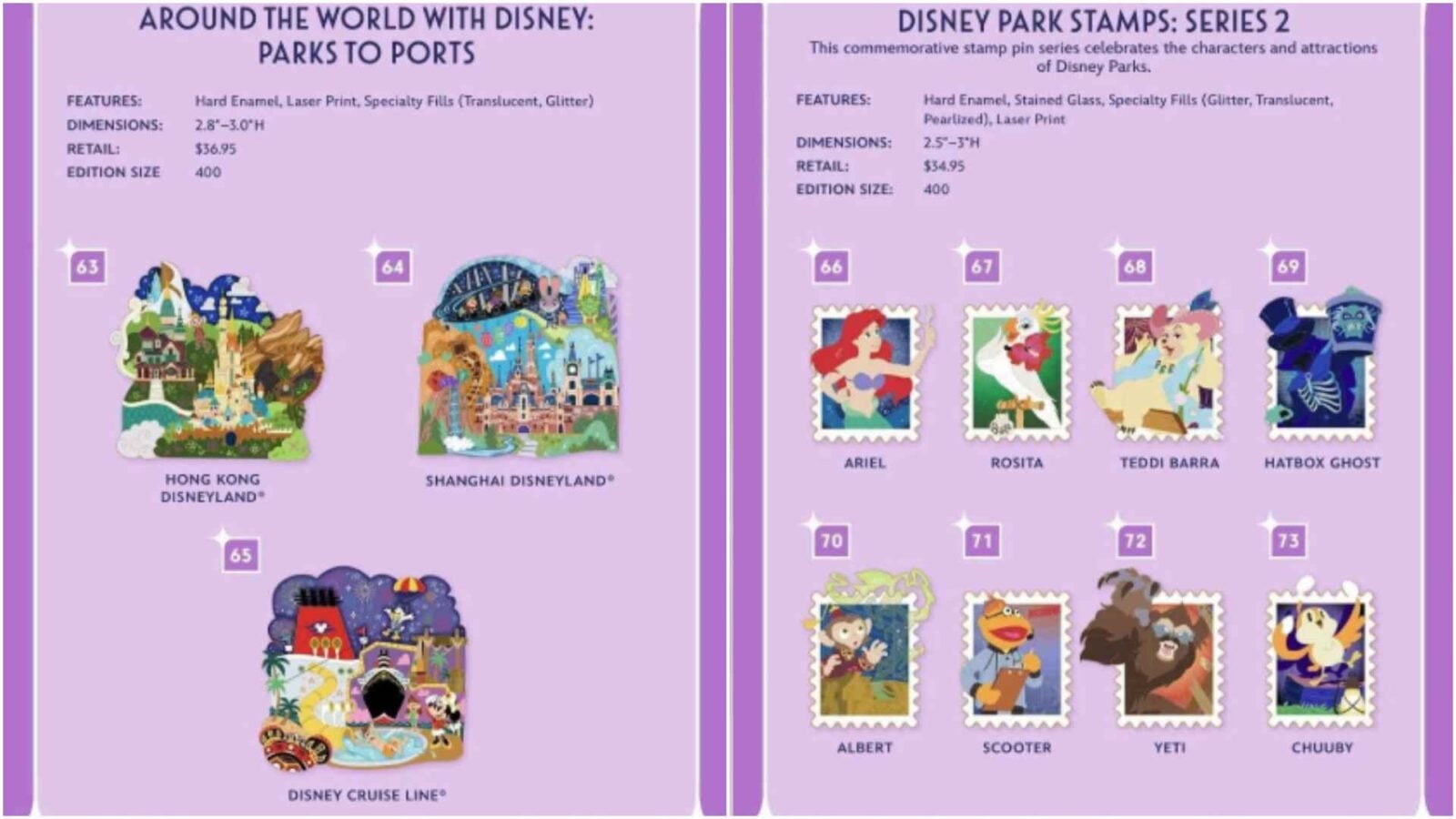 Spread of two purple pages from a Disney stamp collection shows park stamps and character stamps with numbers 6373