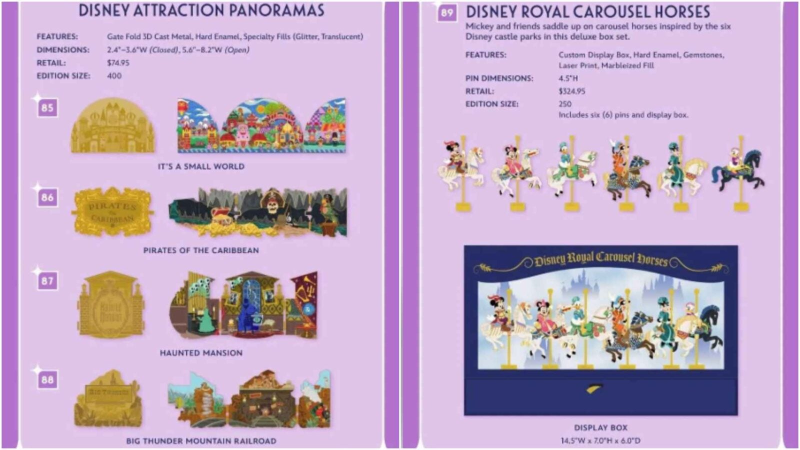 Two page catalog spread left side lists Disney Attraction Panoramas Nos 8588 with sample panorama images right side lists Disney Royal Carousel Horses and a display box image