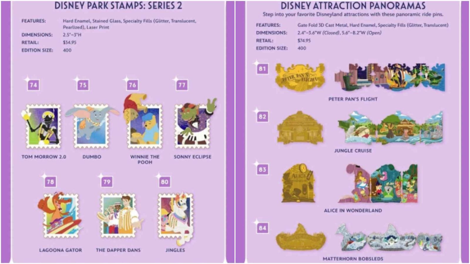 Spread showing two pages Disney Park Stamps Series 2 with stamps of Tom Morrow 20 Dumbo Winnie the Pooh Sonny Eclipse Lagoonna Gator The Dapper Dans Jingles and Disney Attraction Panoramas with Peter Pans Flight Jungle Cruise Alice in Wonderland Matterhorn Bobsleds