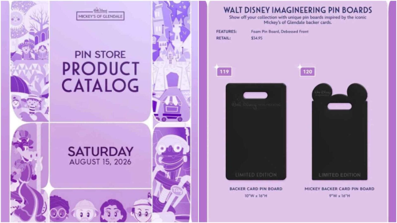 Purple catalog spread featuring Disney pin boards left page shows Pin Store Product Catalog cover with date right page displays Backer Card Pin Board products and prices