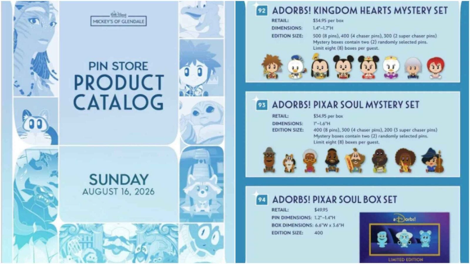 Blue toned pin store catalog cover with date August 16 2026 and collage of Disney themed panels on the sides