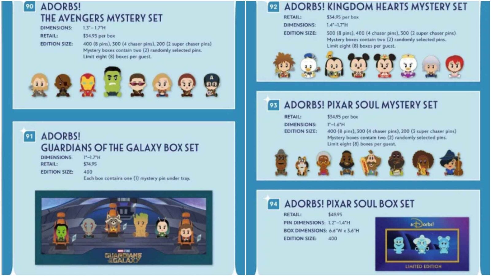 Catalog page showing Adorbs mystery sets Avengers Pixar Soul Guardians of the Galaxy with small character icons and prices