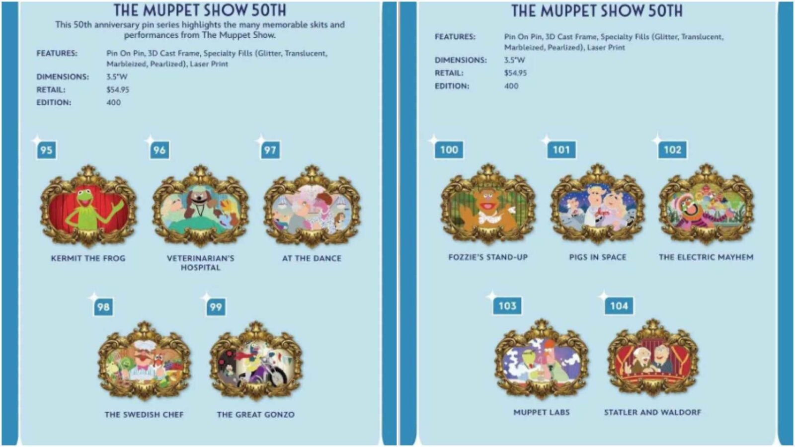 Two page spread of The Muppet Show 50th anniversary pins featuring Kermit Swedish Chef Gonzo Fozzie Pigs in Space and The Electric Mayhem pins 95104