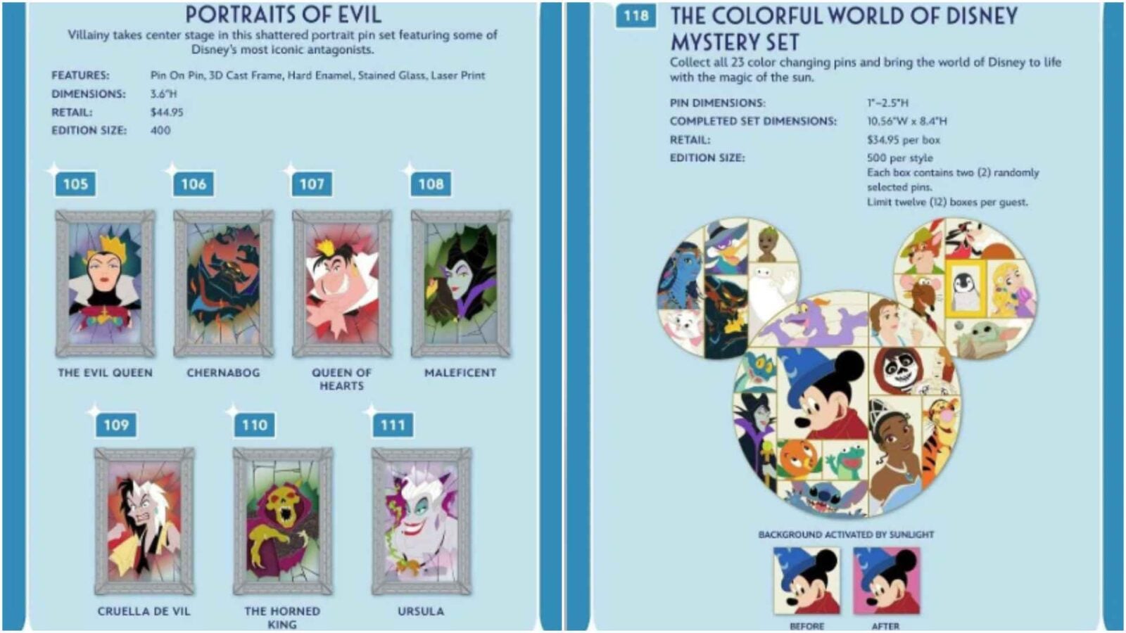 Catalog page split left side shows numbered framed villain portraits eg Evil Queen Chernabog Queen of Hearts Maleficent right side shows Disney Colorful World mystery set collage in a Mickey shaped layout with text details