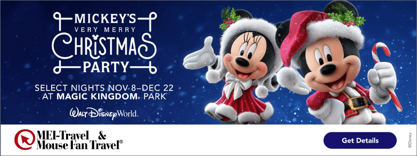 Banner promoting Mickeys Very Merry Christmas Party at Magic Kingdom with Mickey and Minnie in Santa outfits and a Get Details button on the right