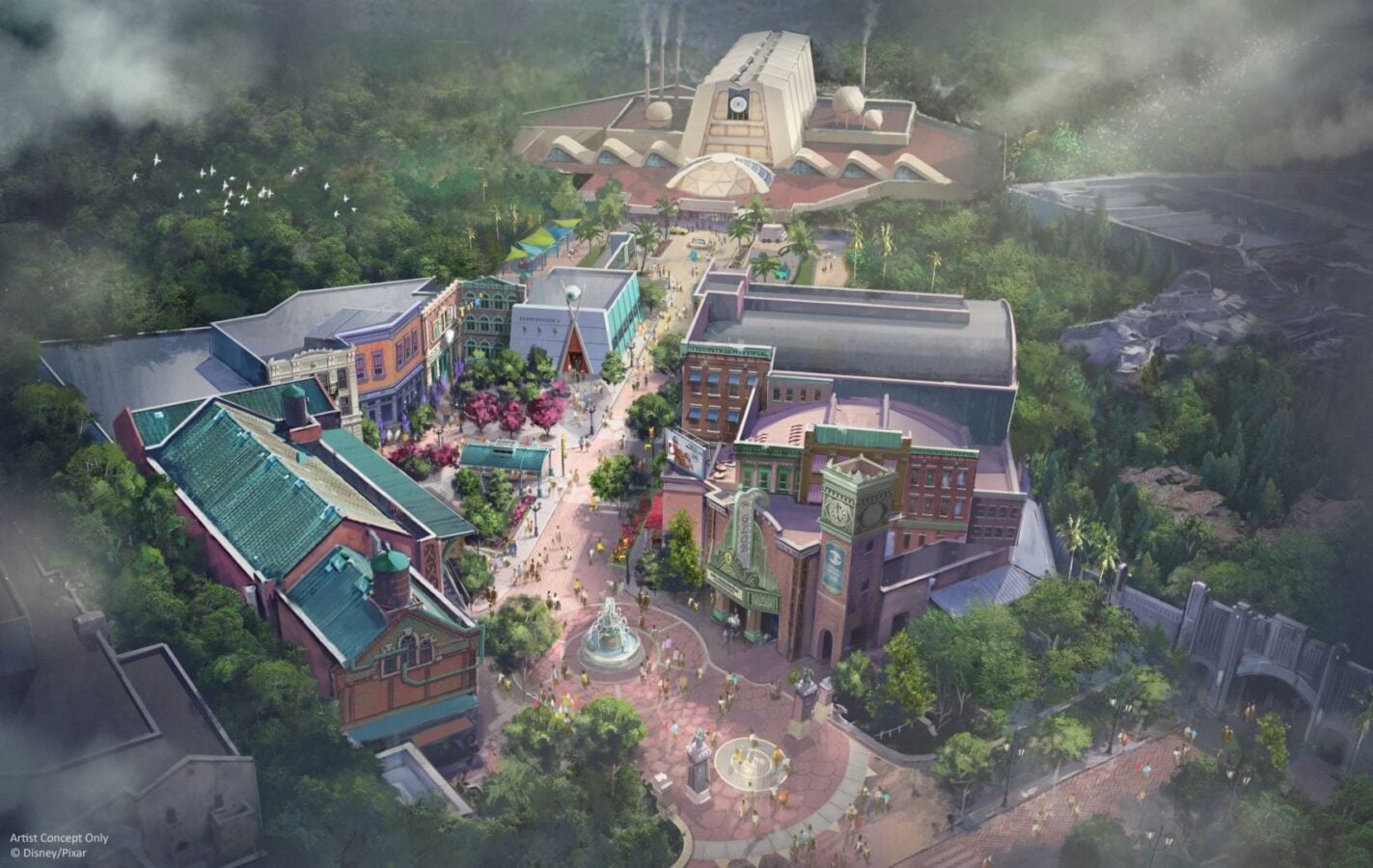 Aerial view of a colorful theme park plaza with shops trees and a large futuristic building in the background