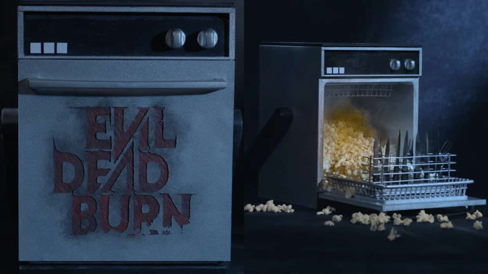 Two vintage kitchen appliances in a dark blue scene a freezer with red cracked lettering saying EVIL DEAD BURN and a second oven with popcorn burning inside smoke rising popcorn scattered on the floor