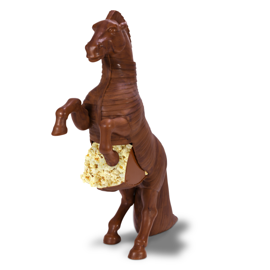 Chocolate horse sculpture in a standing pose with popcorn visible in its chest area
