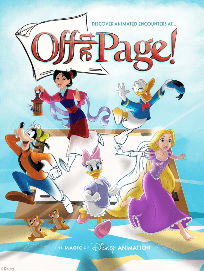 Group of Disney charactersRapunzel Donald Duck Goofy a princess and two chipmunksleaping from a large open book against a bright blue background