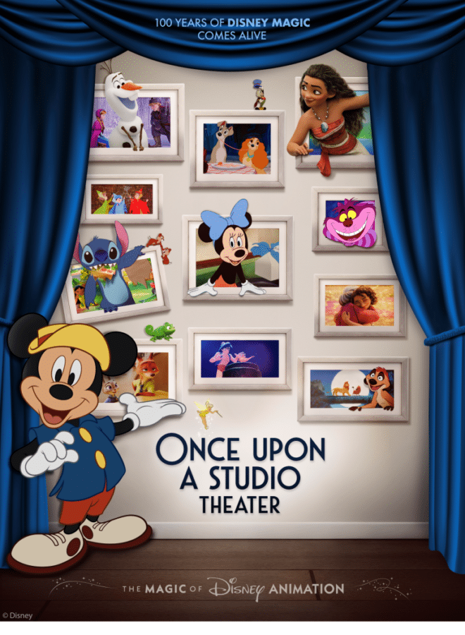 Mickey Mouse stands in front of a wall of framed Disney character images framed pictures on a wall framed by blue stage curtains with the text Once upon a studio theater across the bottom