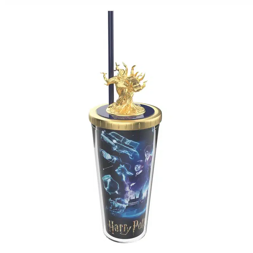 Q2EHGrcA Fantasy Land News Harry Potter themed tumbler with a blue magical illustration and a gold snitch handle on the lid with a dark straw text says Harry Potter at the bottom edge