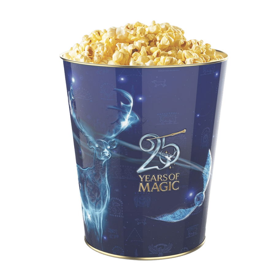 Popcorn bucket with a blue Disney 25 Years of Magic design filled with salted popcorn