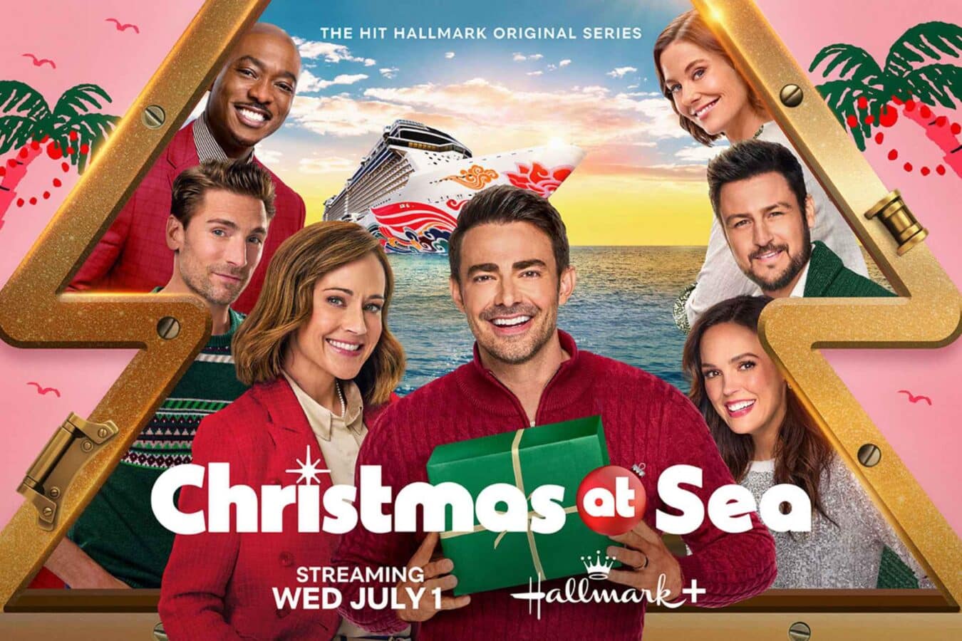 Smiling group of adults holding a wrapped gift framed by a gold border with a cruise ship and sunset in the background text reads Christmas at Sea
