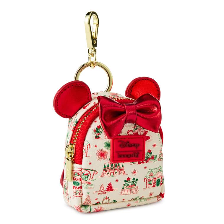 Disney Minnie Mouse inspired small cream colored keychain bag with red ears bow and holiday print
