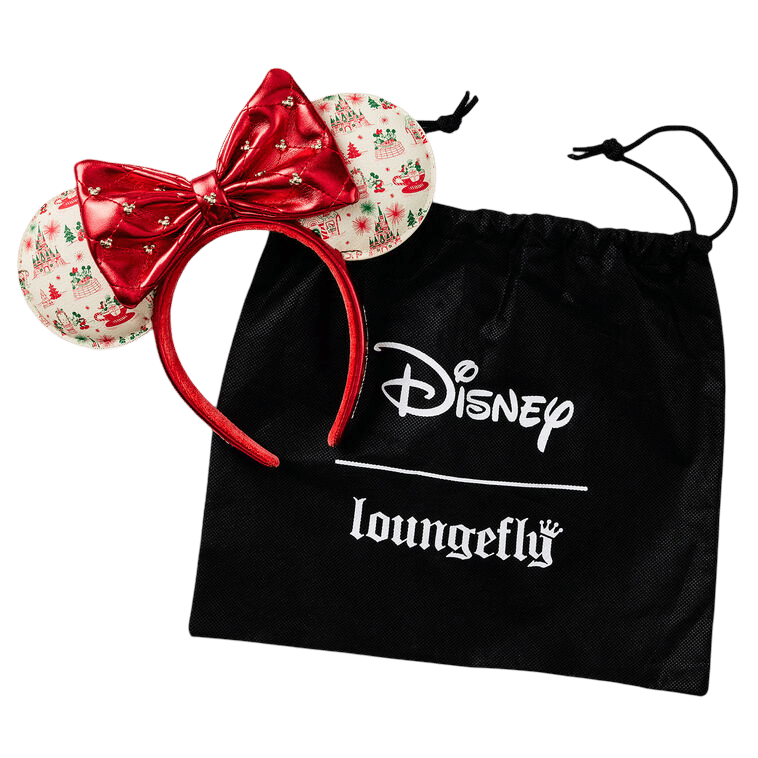 Black Loungefly drawstring bag with Disney logo red Minnie Mouse ears headband rests on it featuring a shiny bow and patterned ears