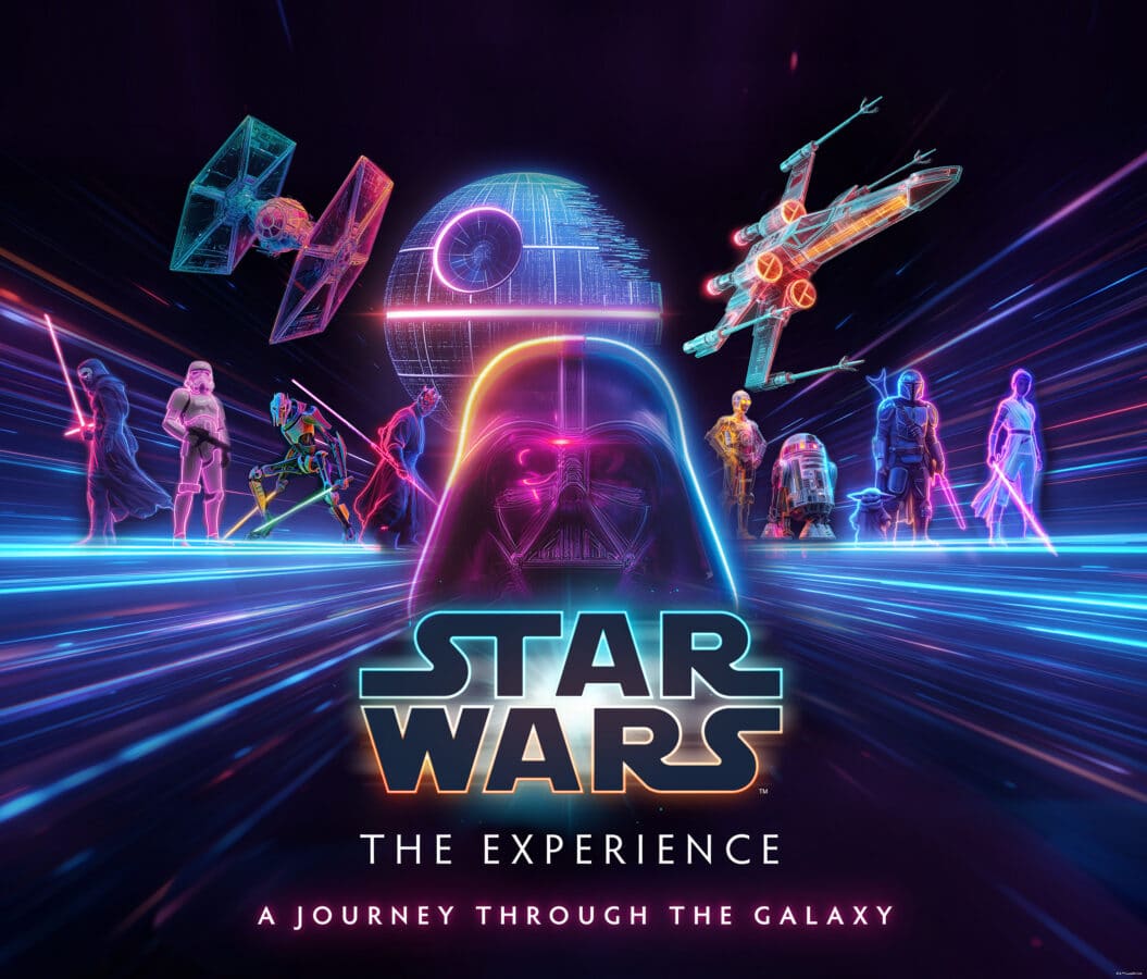 Poster for Star Wars The Experience featuring neon space battle TIE fighters and glowing figures along the bottom