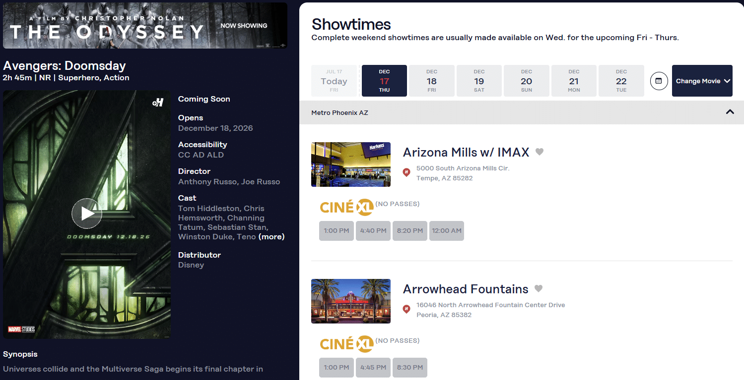 Cinema page showing The Odyssey poster on the left and a right side showtimes panel with upcoming dates on the right