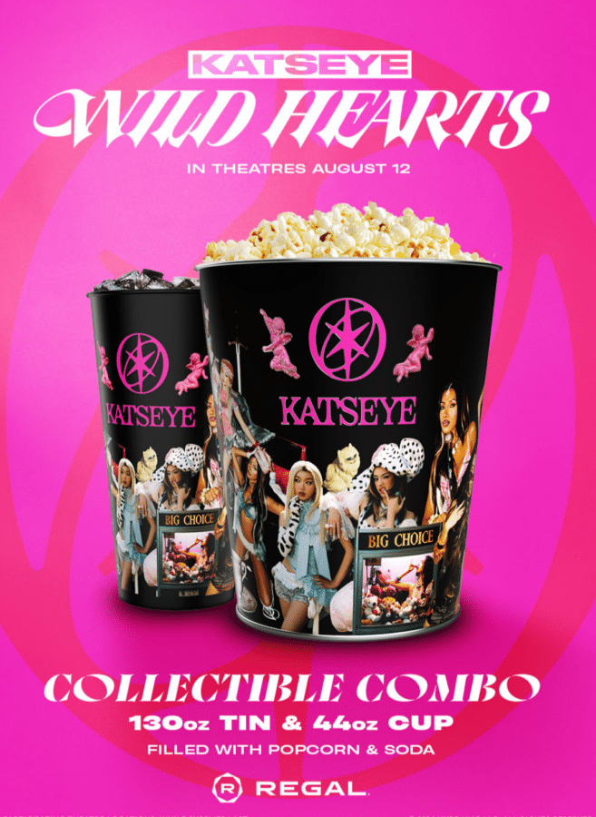 Promotional poster for KatSEYE Wild Hearts popcorn with pink background and two black collectible tins filled with popcorn
