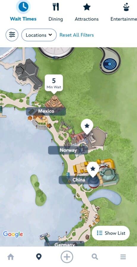 Map view of a theme park with wait times and pavilion markers shows 5 Min Wait near Mexico Norway and China areas and a Locations filter button in the header