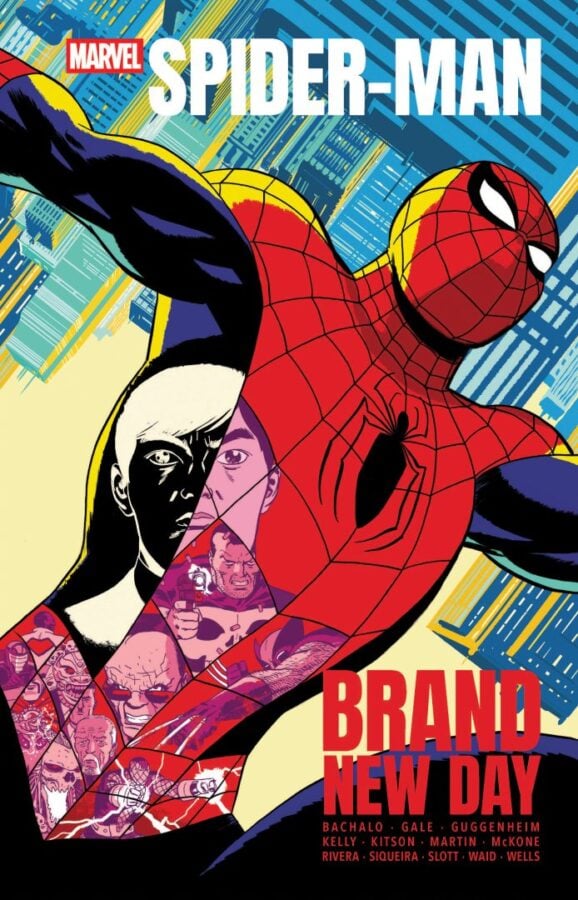 Spider Man comic cover Spider Man in a red suit swinging above a stylized city with a collage of panels on his leg and the title Spider Man at the top and Brand New Day at the bottom