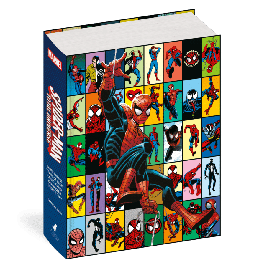 Book cover with a grid of colorful Spider Man images and a central swinging Spider Man variant panelled design on the front