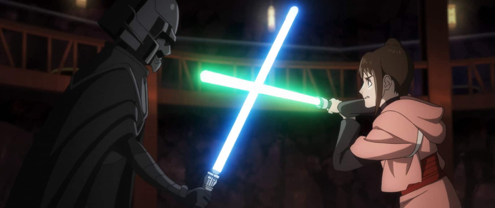 Two duelists clash with glowing lightsabers in a dim arena a masked armored figure and a girl in pink defend against each other