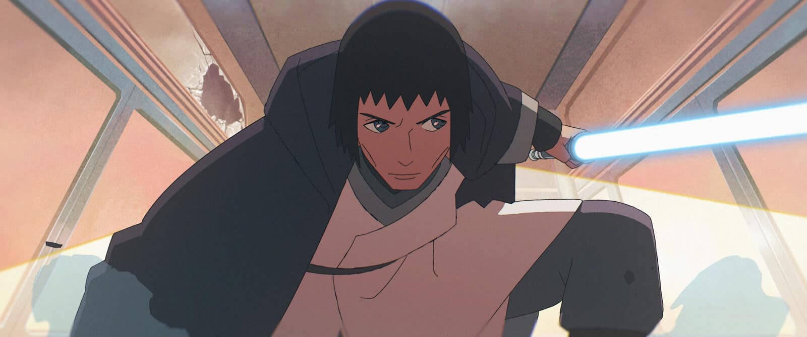 Character with short black hair lunges forward wielding a glowing blue lightsaber in a sci fi corridor